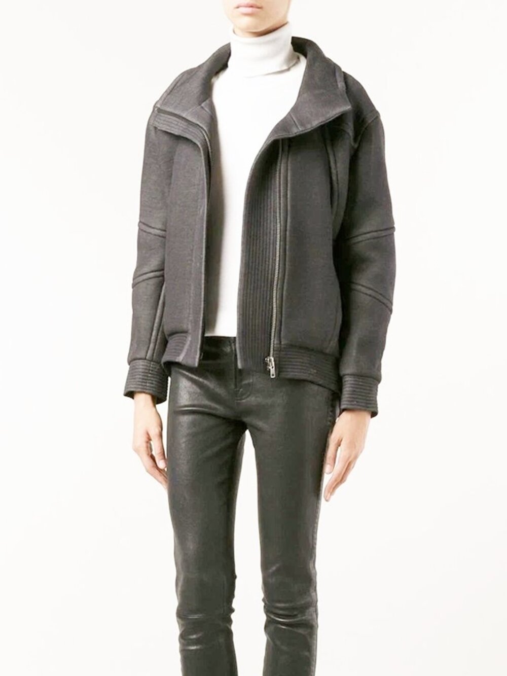 $700 HELMUT LANG Orb Funnel Neck MOTO Jacket COAT OVERSIZED PANELED GREY L